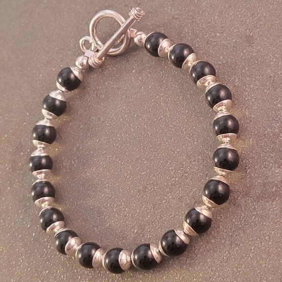 NEW Sterling Silver 6.6mm Onyx Beaded Ball Bracelet - Picture 4 of 6